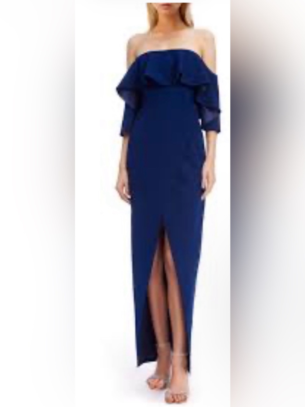 Jewel badgley Mischka ruffle off the shoulder gown